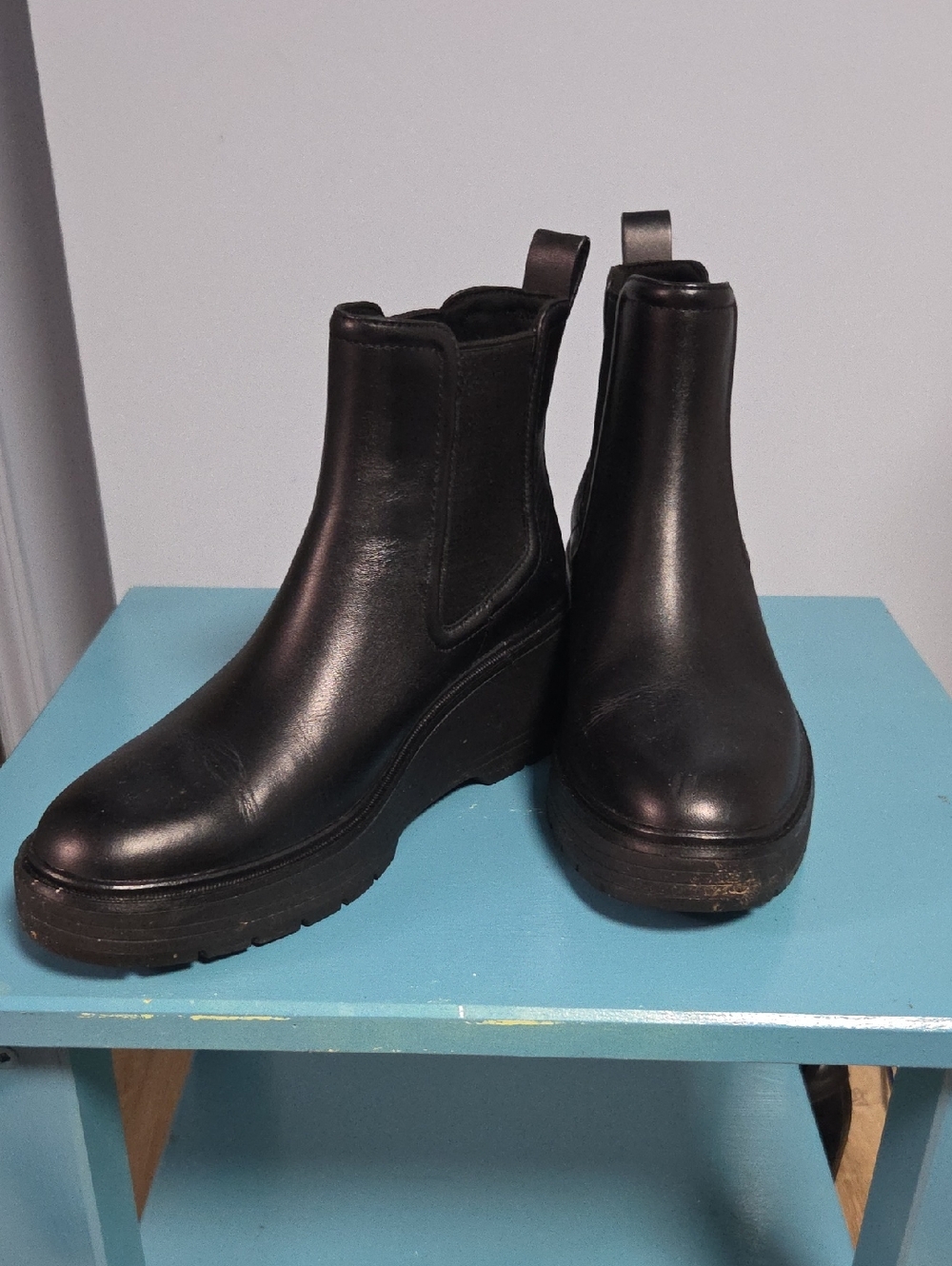 Cole Haan Waterproof Black Leather Platform Wedge Booties